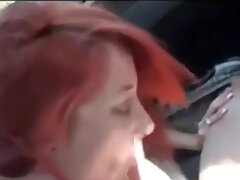 Redhead in Car Sucks & Fucks